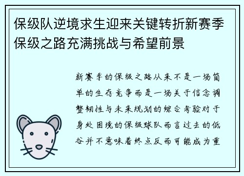 保级队逆境求生迎来关键转折新赛季保级之路充满挑战与希望前景