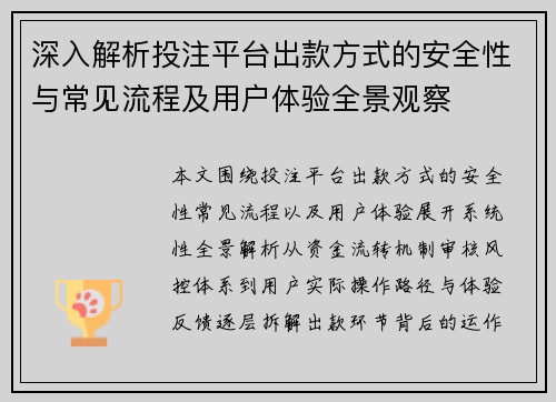 深入解析投注平台出款方式的安全性与常见流程及用户体验全景观察 深入解析投注平台出款方式的安全性与常见流程及用户体验全景观察